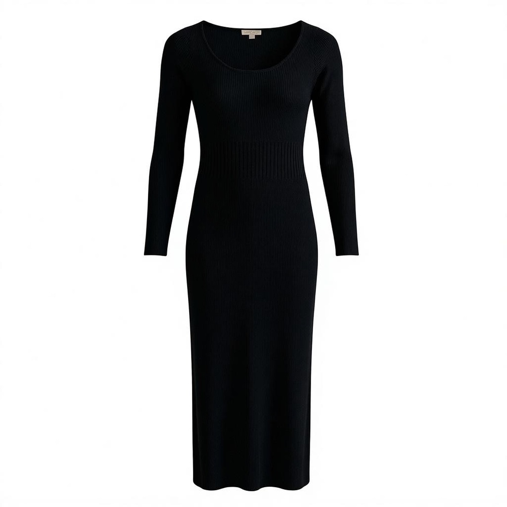 Eva Mendez Black Long Sleeve Maxi Ribbed Knit Dress with Cream Overcoat